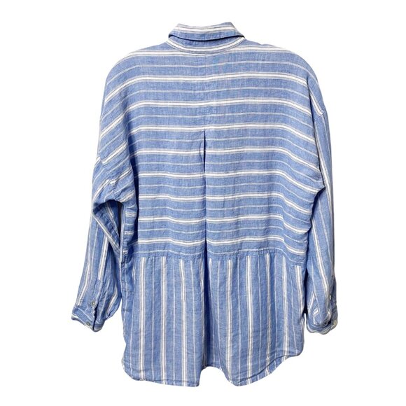 J. Jill Love Linen Blue White Stripe Button Front Shirt Blouse Tunic Womens Sz S - Picture 2 of 6